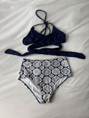 Navy & White Patterned Bikini Set Size Small